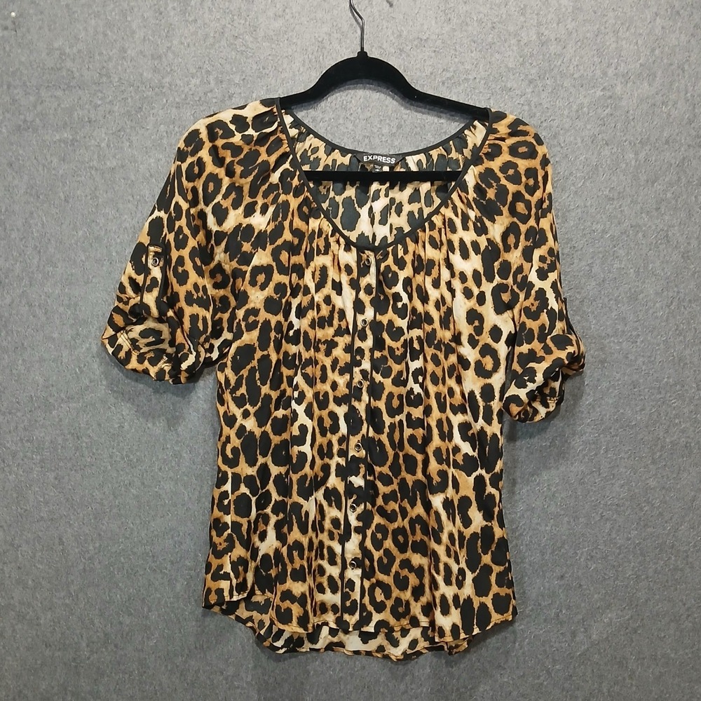 Express M Semi Sheer Leopard Print button up top roll tab sleeves chic y2k